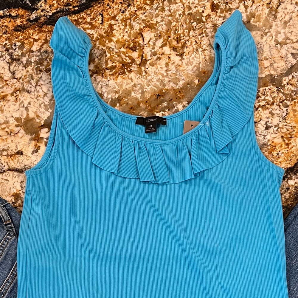 NWT J Crew Turquoise Ruffle-Neck Ribbed Tank Top - Picture 3 of 7